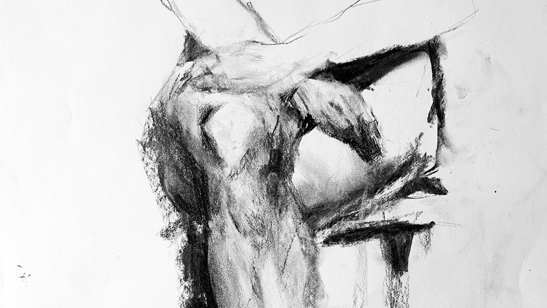 Tegning: studie av et kne, to hender i kryss over låret